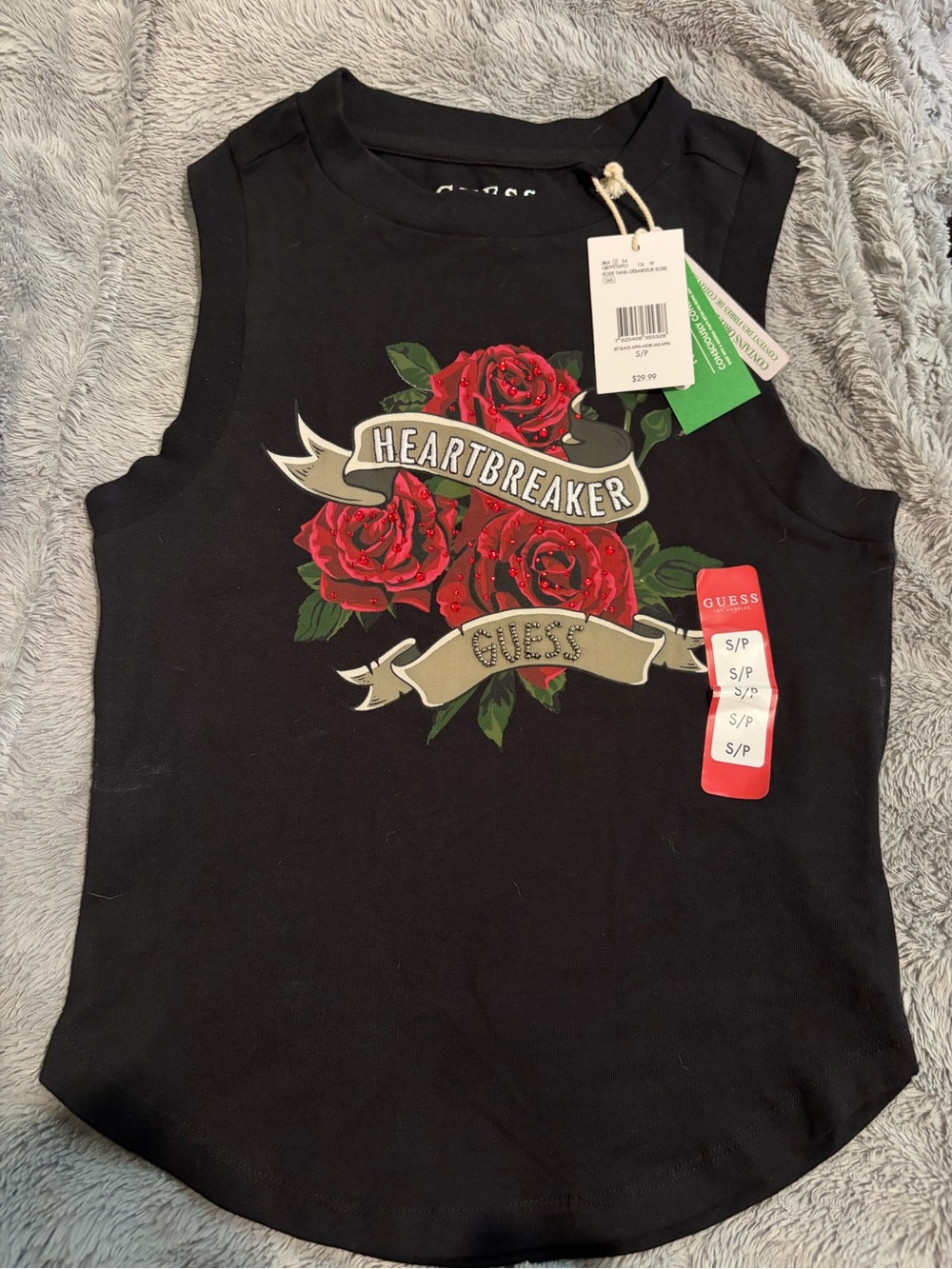 GUESS Black Tank Top with Red Rose 'Heartbreaker' Graphic